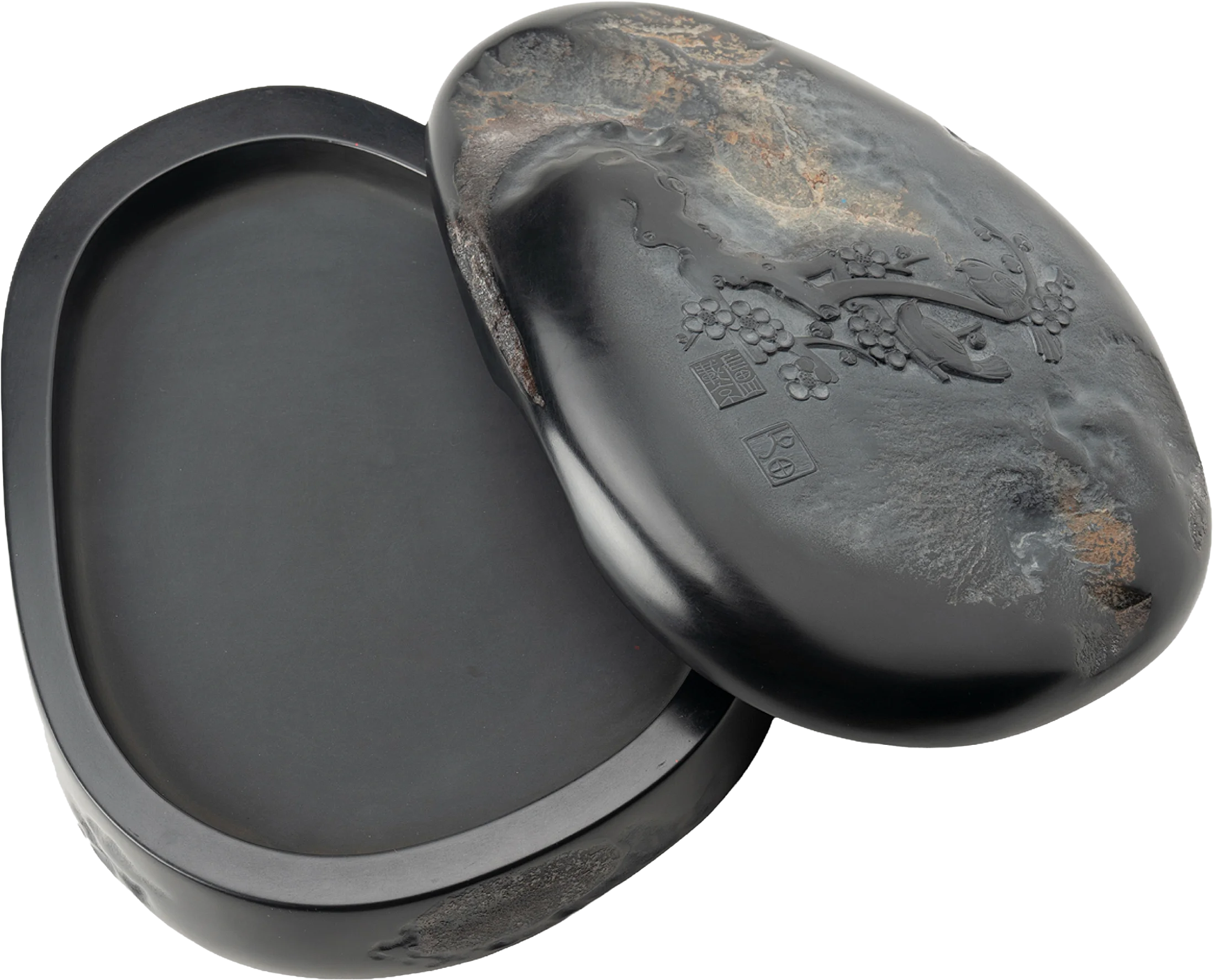 매조문연 — 매화와 새 문양이 조각된 유개연(뚜껑이 있는 벼루)